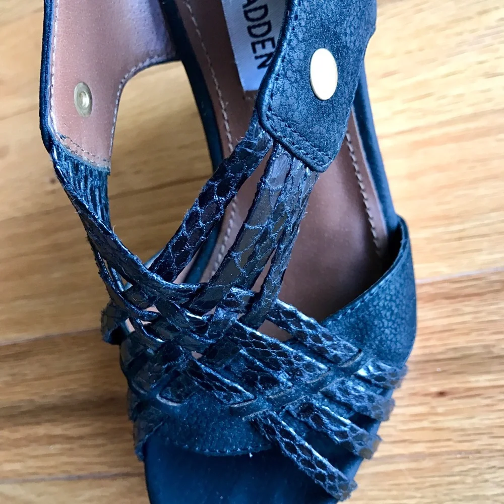 Steve Madden Black Woven Leather Wedge Sandals with Tan Wood Platform